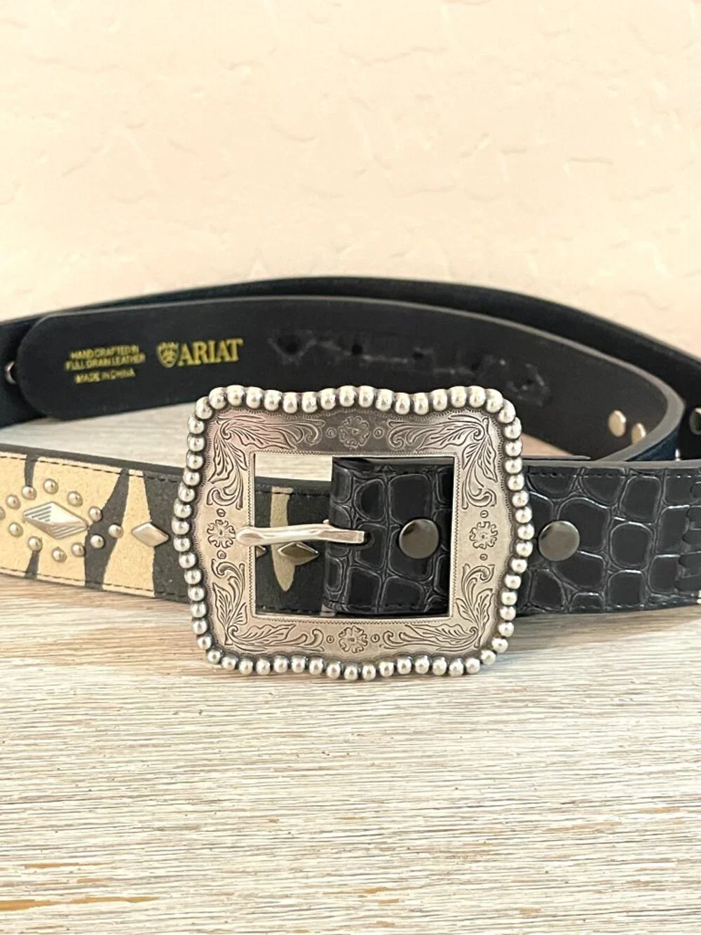 Vintage Ariat Belt Black Leather Zebra Stripe Stud Silver Buckle 2007 Size 38
